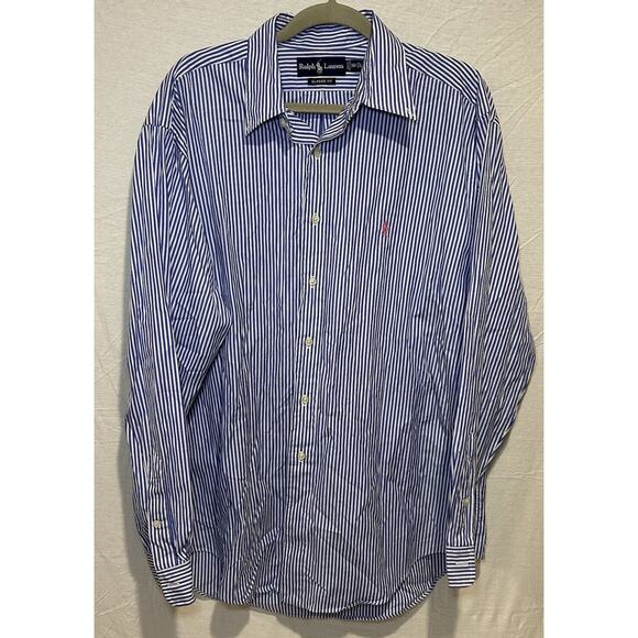Ralph Lauren Mens White Blue Stripes Classic Fit Button Up Size 16.5/L Pinkpony - Picture 1 of 8